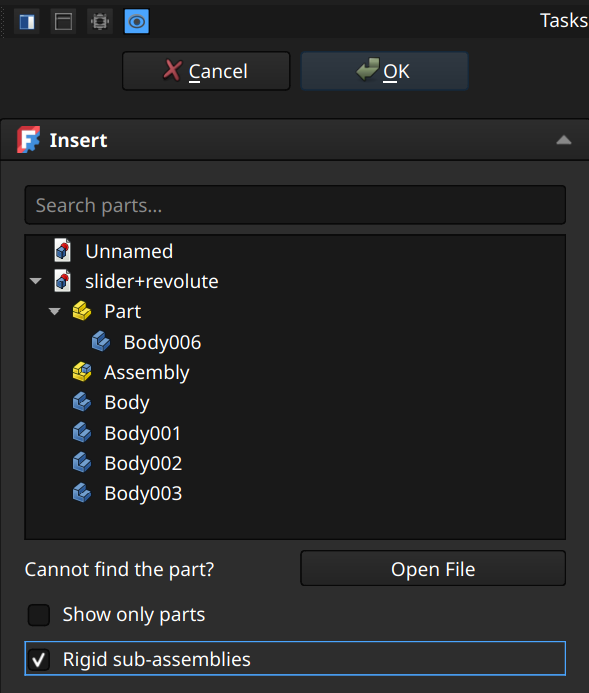 FreeCAD Assembly workbench insert